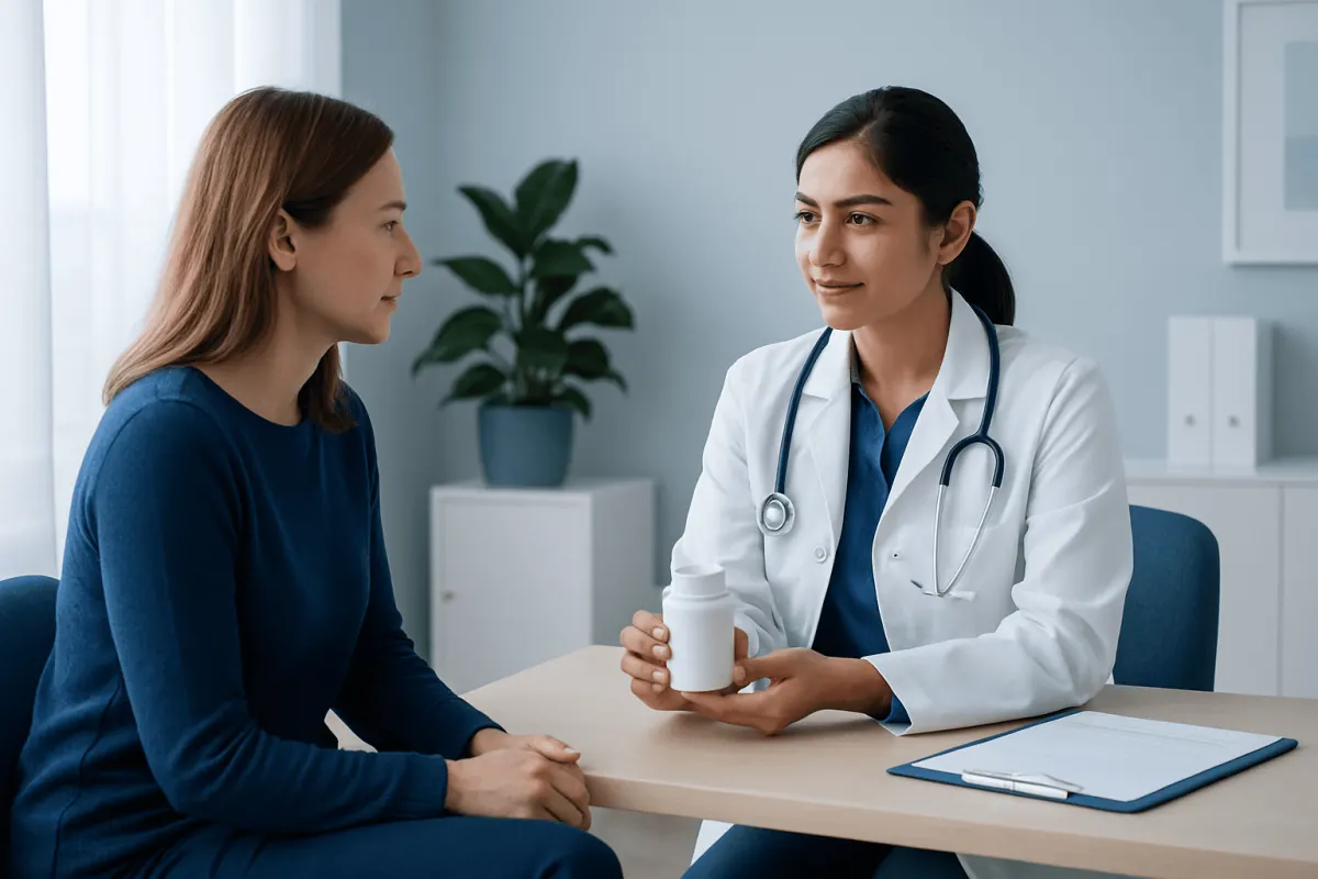 Doctor explaining medication to patient in a consultation room.