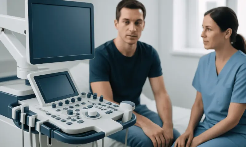 Doctor and patient in a medical consultation room with ultrasound equipment.