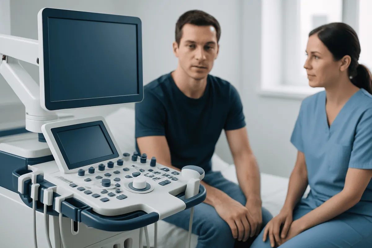 Doctor and patient in a medical consultation room with ultrasound equipment.