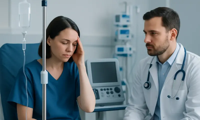 Patient experiencing headache during medical consultation at Acibadem Hospital.