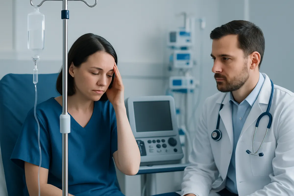 Patient experiencing headache during medical consultation at Acibadem Hospital.