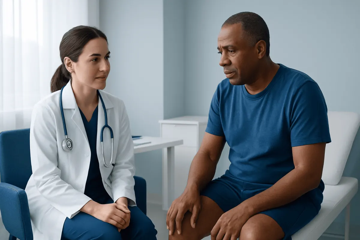 Doctor consulting with patient about lower extremity health issues.