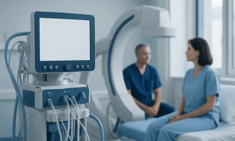 Medical imaging procedure in a hospital with a patient and healthcare professional.