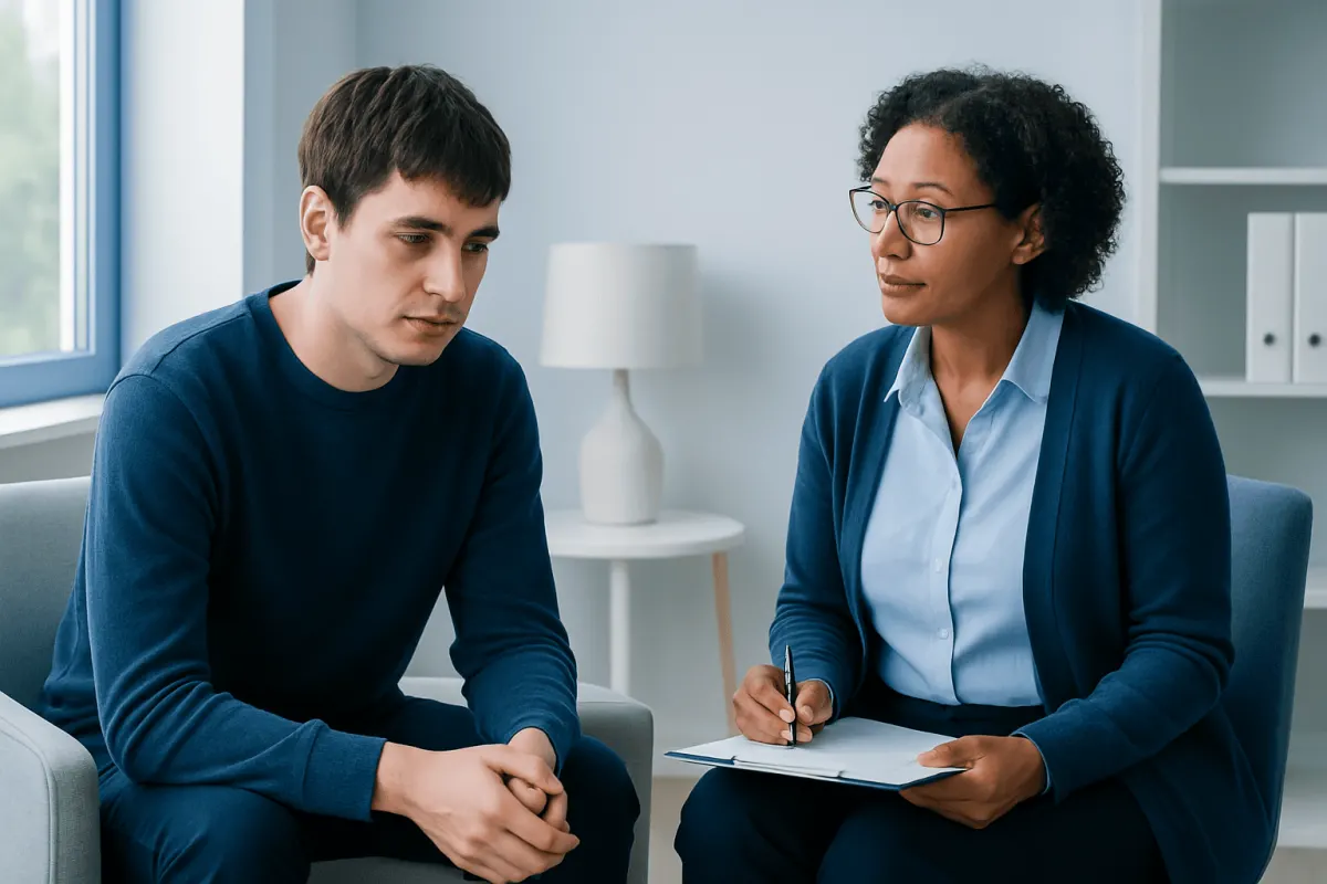 Therapist and young man in consultation at Acibadem Hospital.