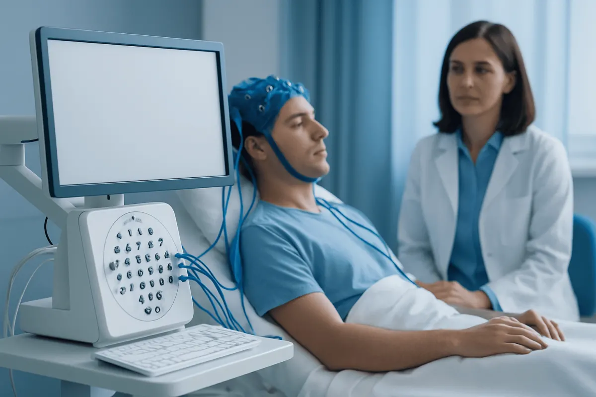 Patient undergoing neurological test in a hospital setting.