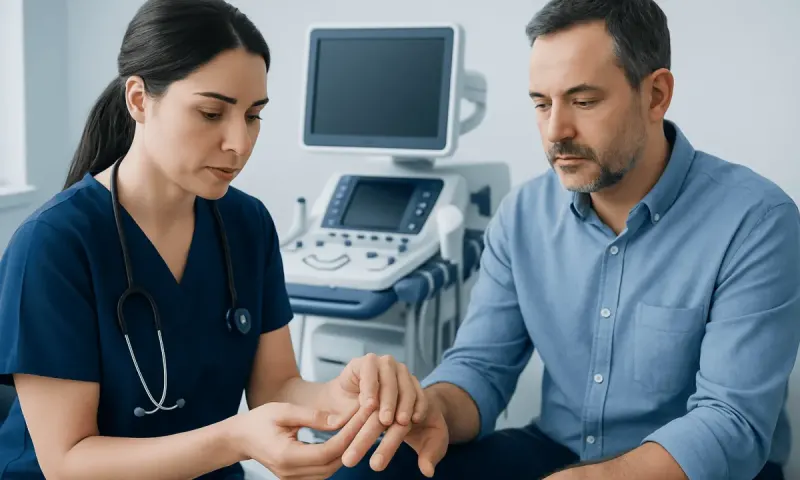 Doctor examining patient's fingernail in a clinical setting.
