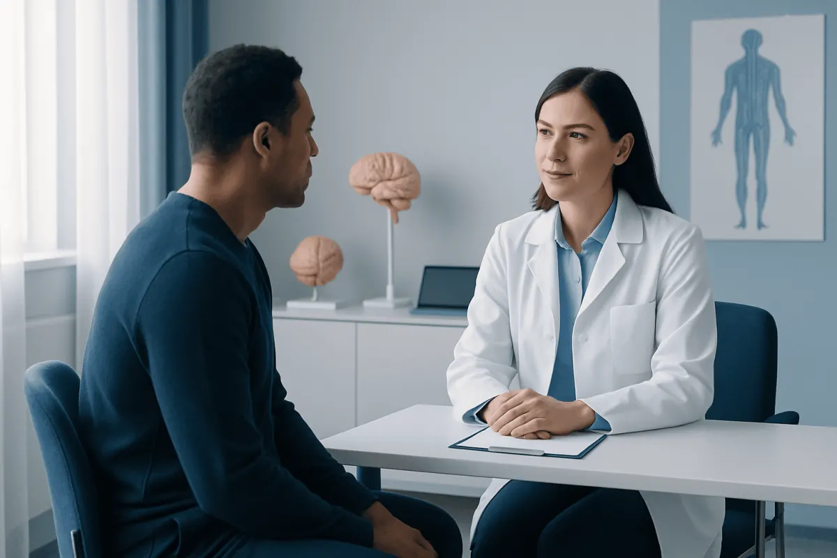 Doctor consulting with patient about nervous system testing and neurophysiology.