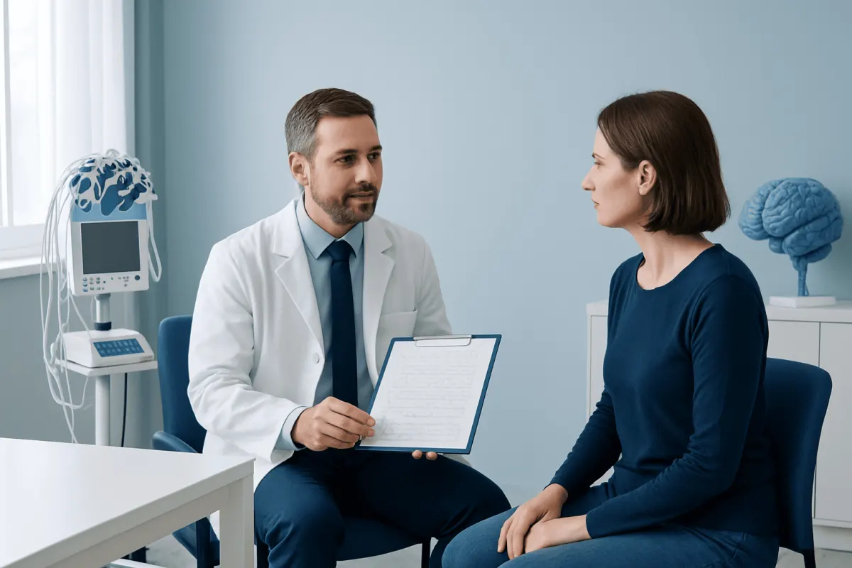 Doctor consulting with patient in a medical office setting.