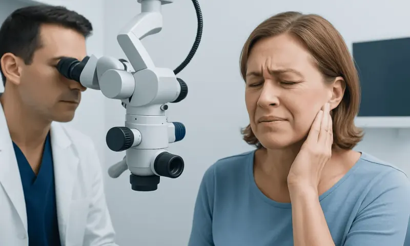 Doctor examining patient's ear with a microscope in a clinic setting.