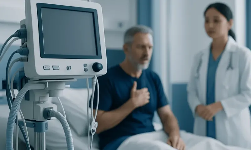 Patient in hospital bed with medical monitor and healthcare professional nearby.