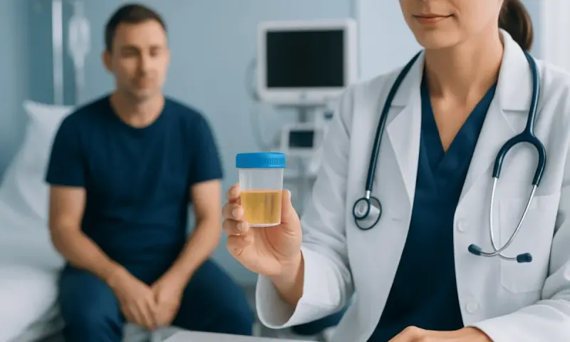 Doctor holding urine sample in a hospital setting with patient in background.