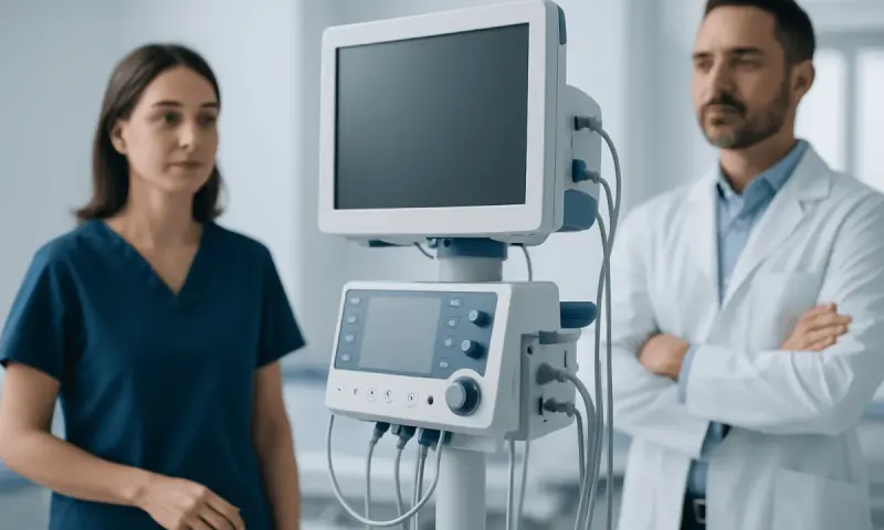 Medical professionals discussing patient care with monitoring equipment in hospital.