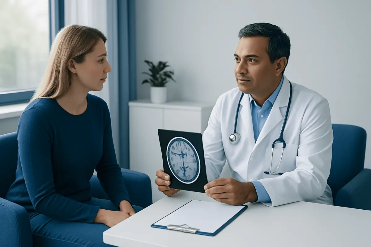 Doctor explaining brain MRI report to a patient in a consultation room.