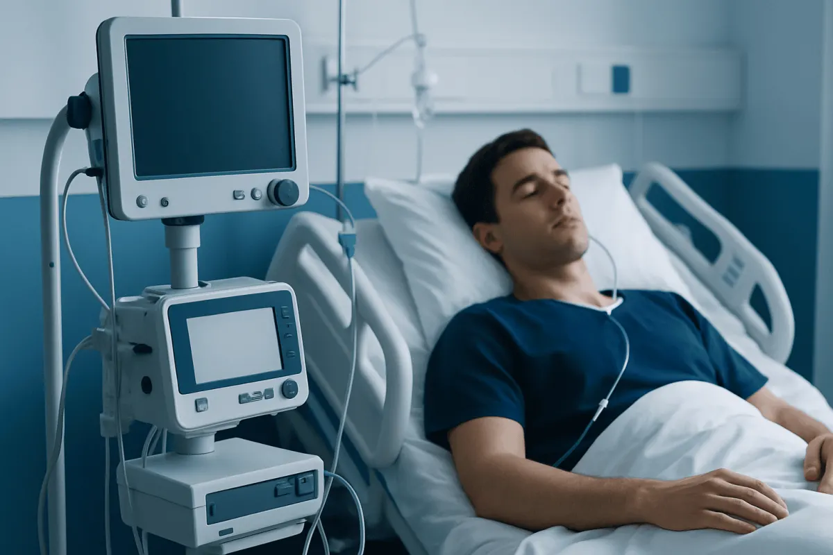 Patient resting in hospital bed with medical monitors nearby.