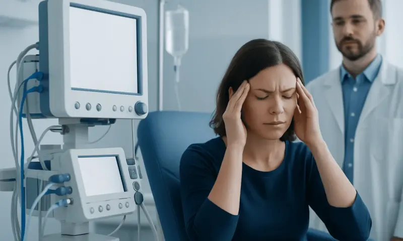 Woman with headache in hospital, medical equipment in background.