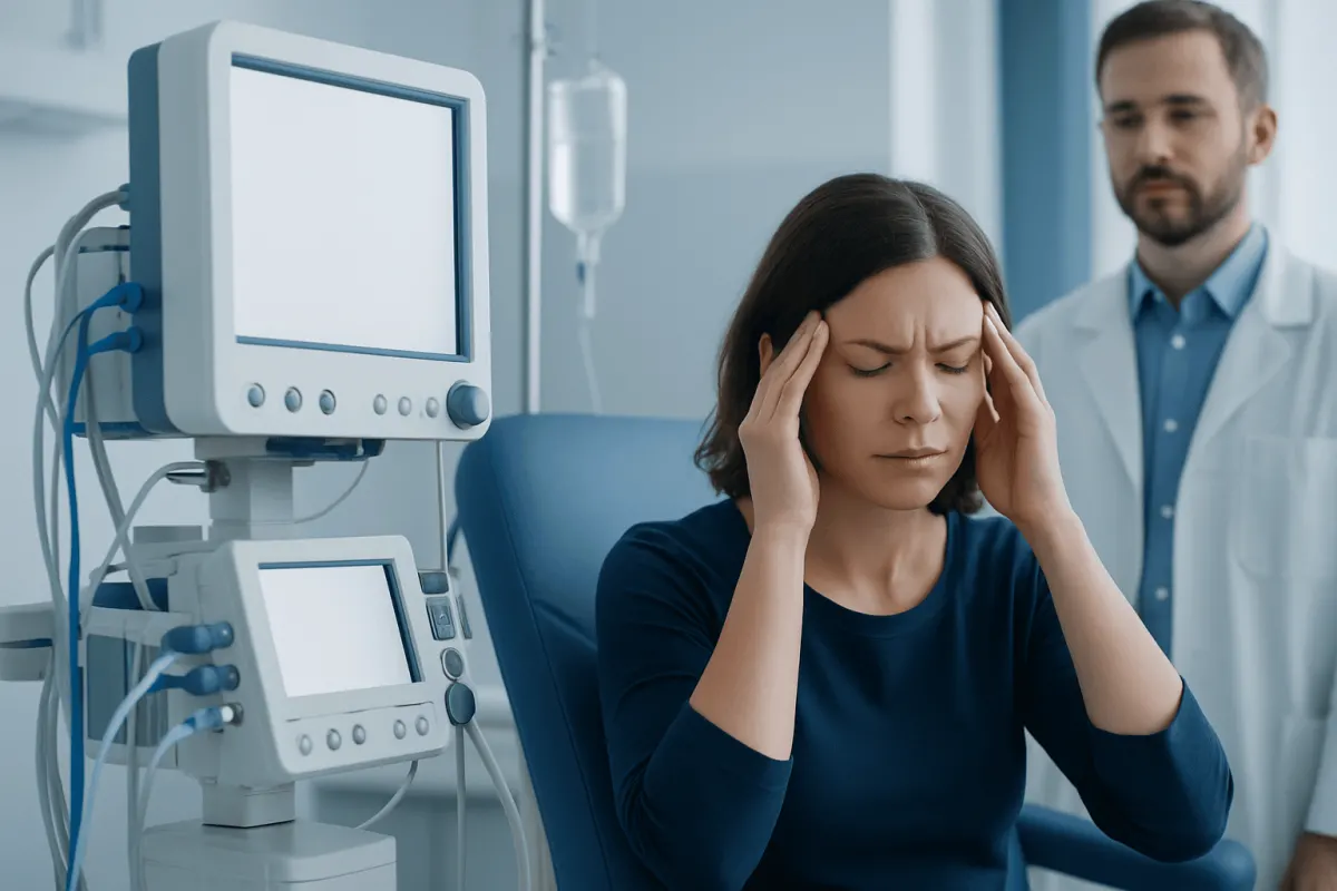 Woman with headache in hospital, medical equipment in background.