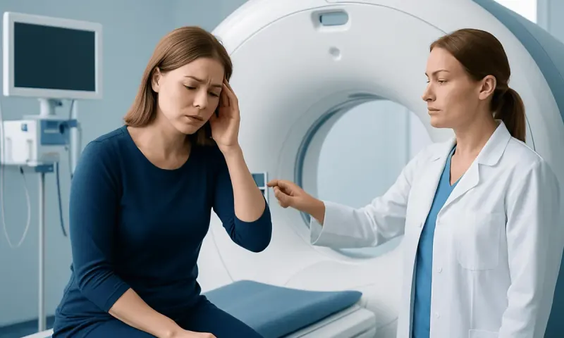 Woman experiencing headache during medical examination in hospital.