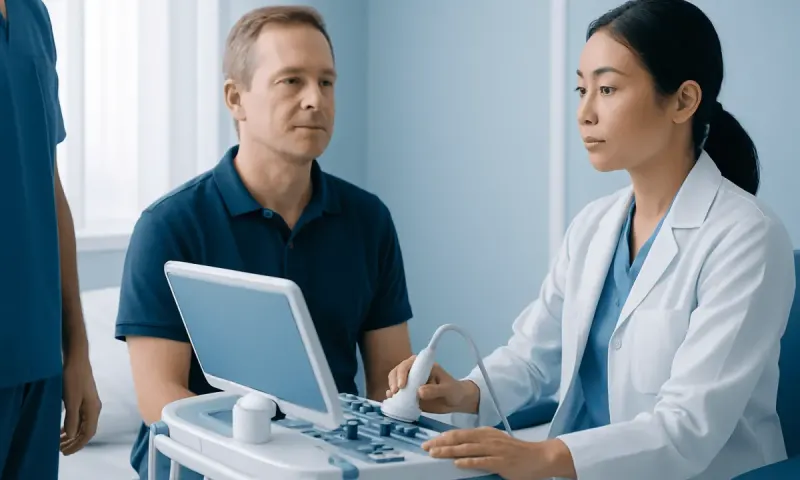 Doctor performing an ultrasound examination on a male patient in a clinical setting.
