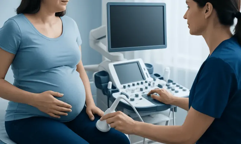 Pregnant woman undergoing ultrasound examination at a hospital.