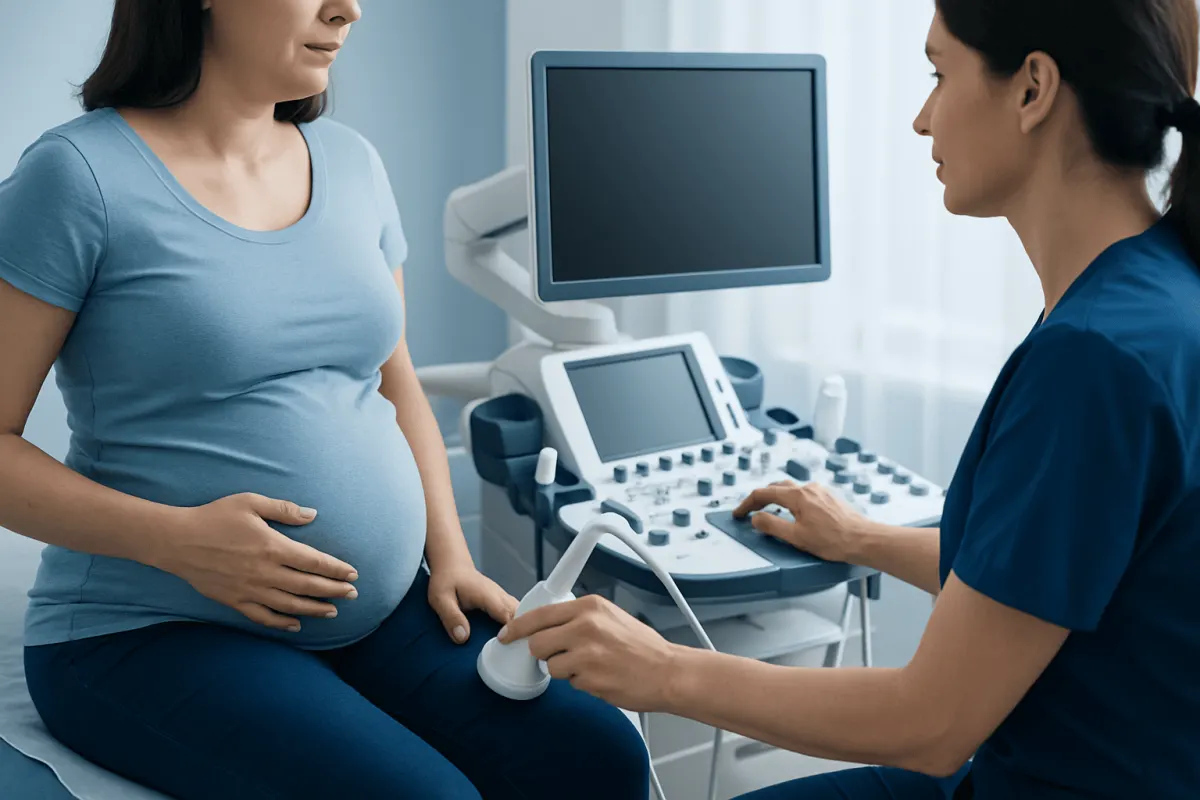 Pregnant woman undergoing ultrasound examination at a hospital.