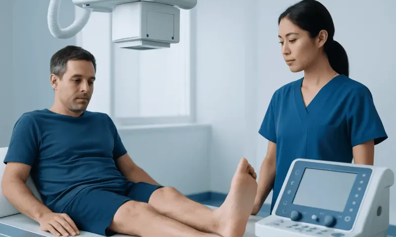 Doctor examines patient's foot using medical imaging equipment in hospital.