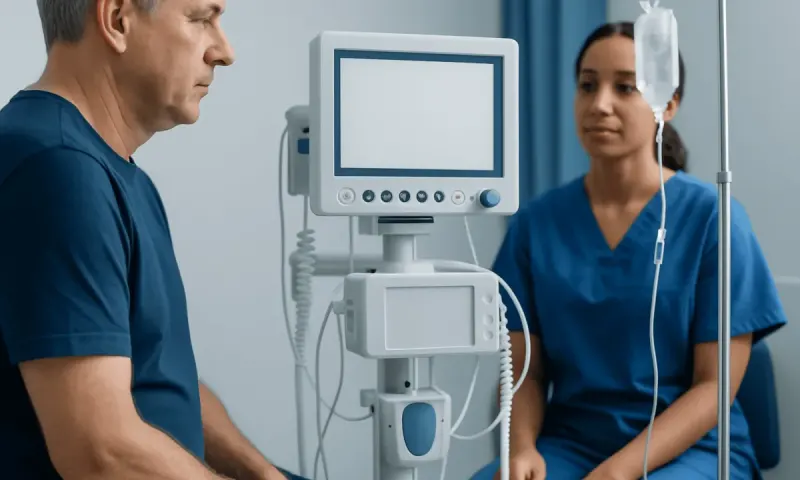 Patient and nurse in hospital room with medical monitor and IV drip.