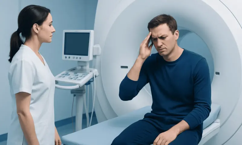 Man experiencing headache during MRI scan at Acibadem Hospital.