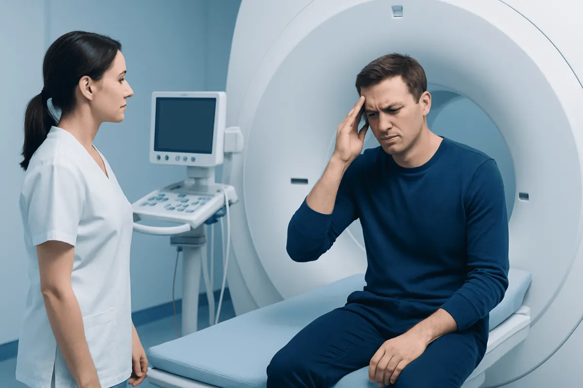 Man experiencing headache during MRI scan at Acibadem Hospital.