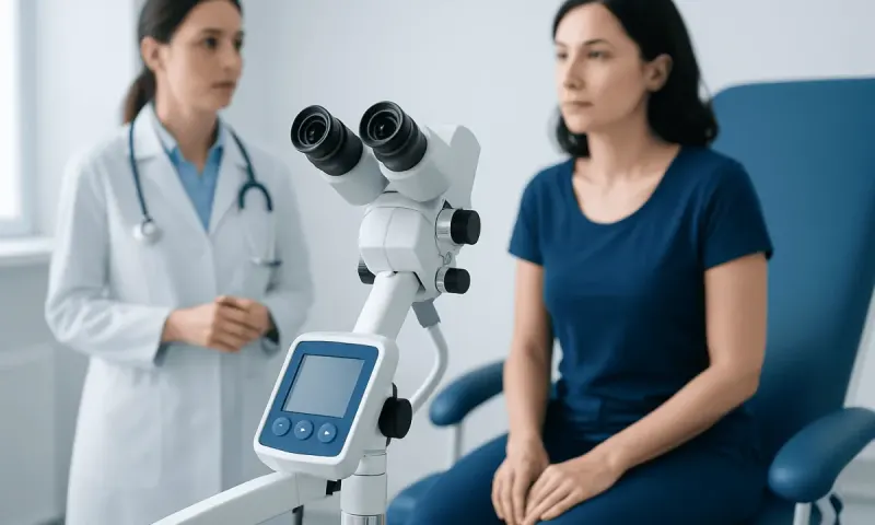 Doctor and patient in a medical consultation with a microscope in the clinic.