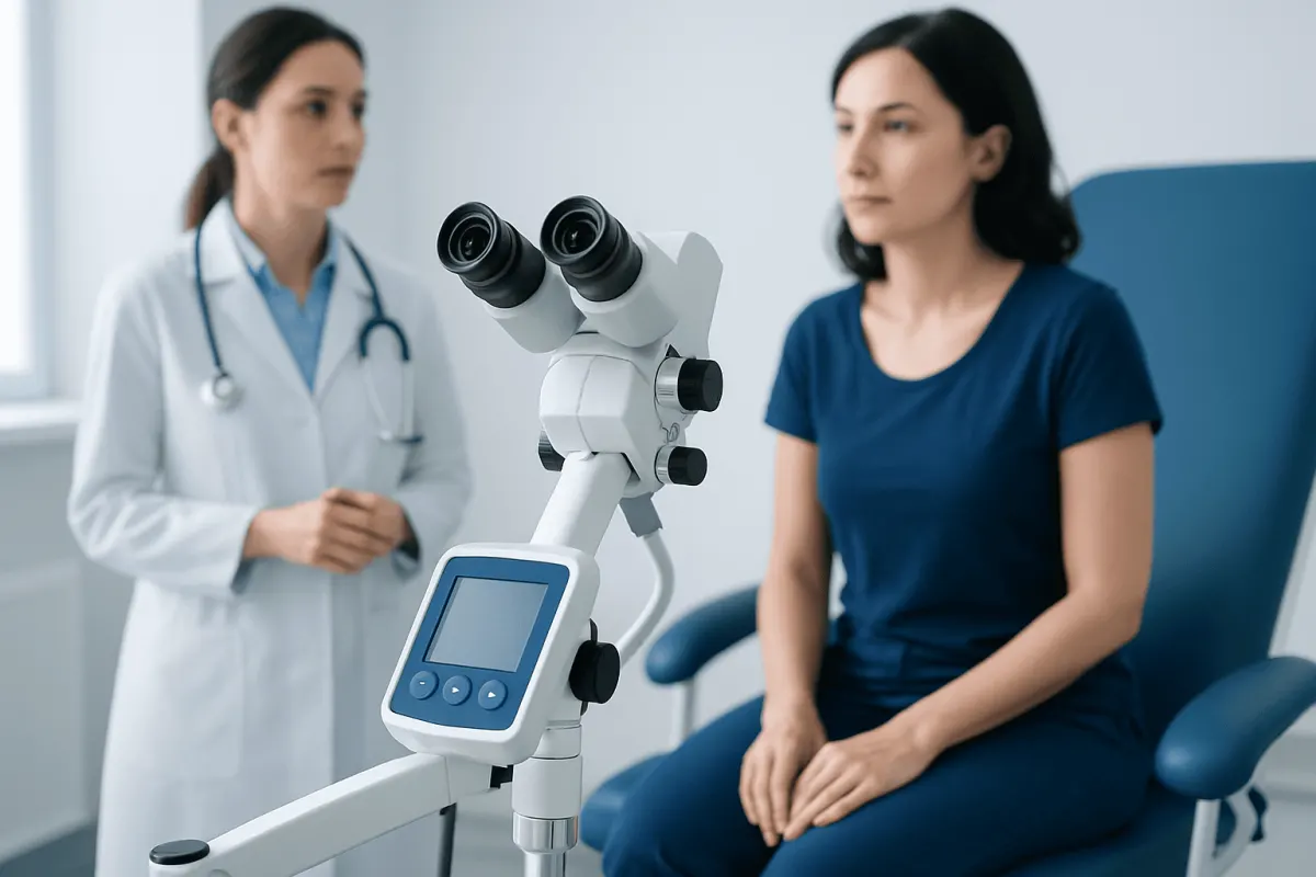 Doctor and patient in a medical consultation with a microscope in the clinic.