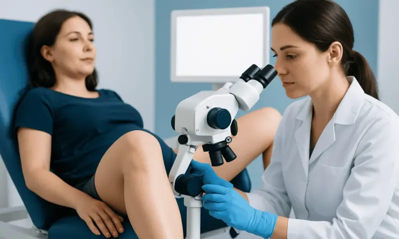 Gynecologist examining patient with microscope in clinic.
