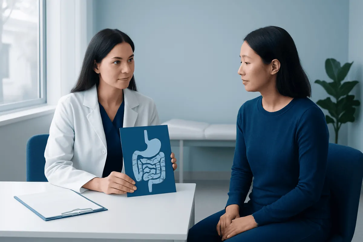 Doctor explaining digestive health to patient with stomach diagram.