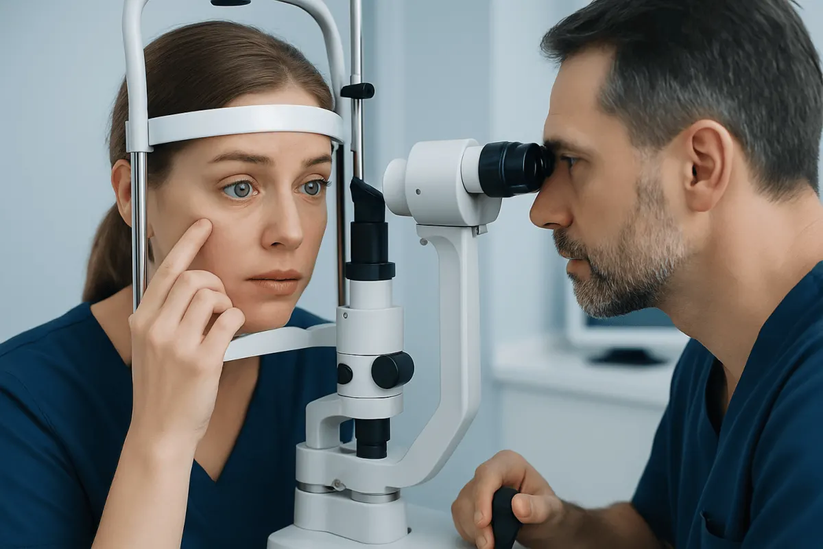 Optometrist examines patient's eyes with slit lamp at clinic.