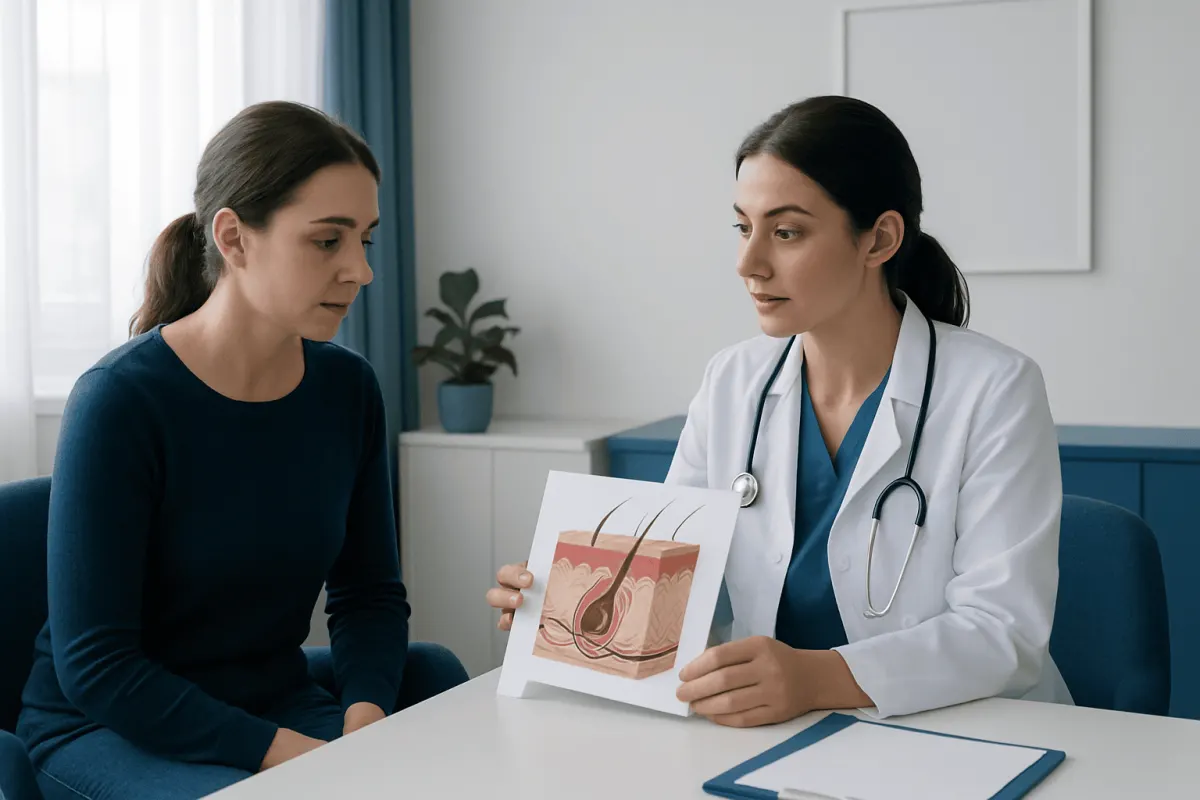 Dermatologist explains skin structure to patient with skin diagram.