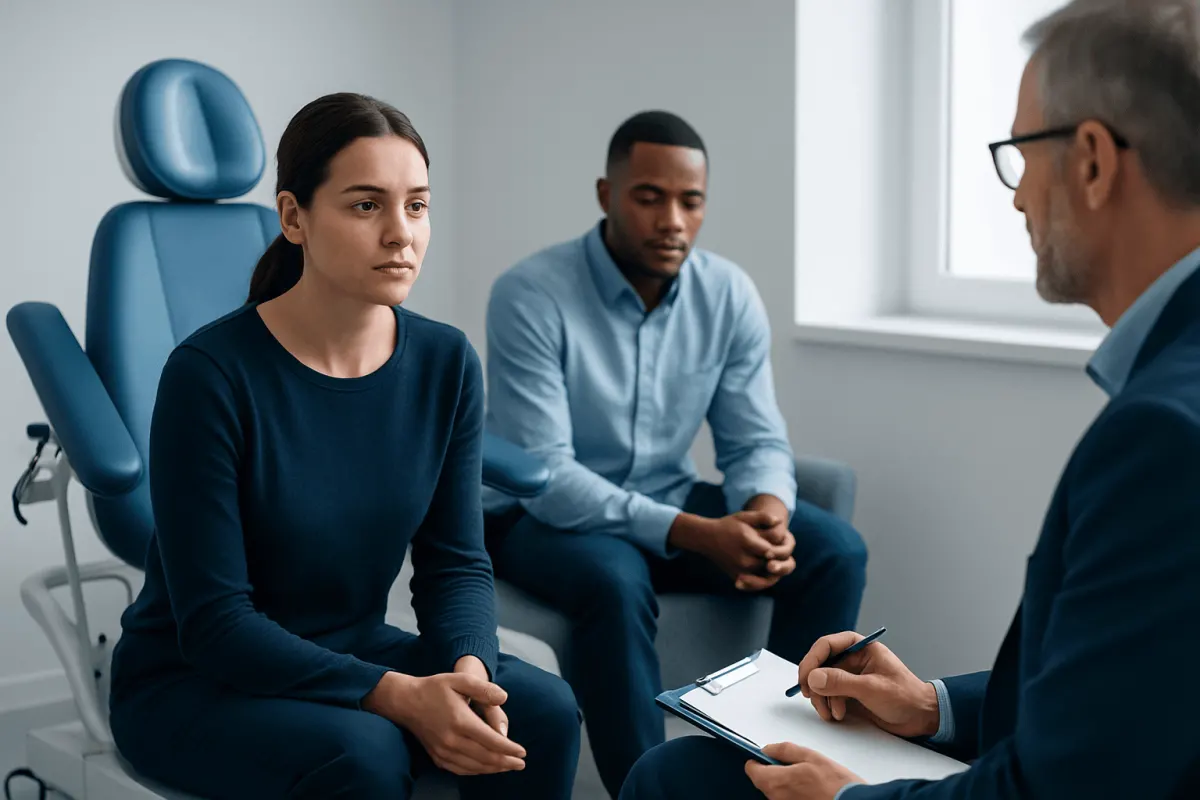 Therapist conducting a psychotherapy session with a young woman and a man in a clinic.