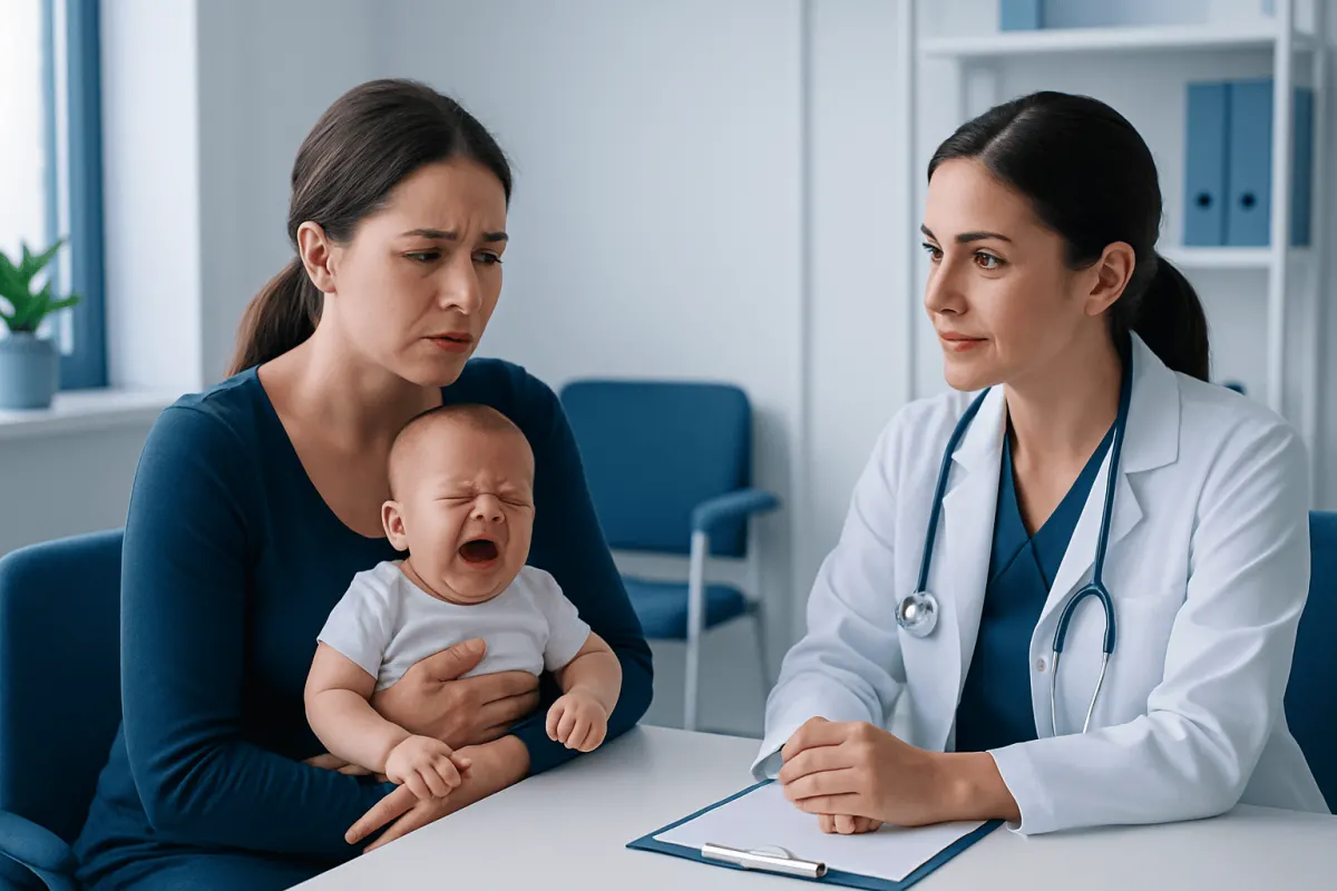Pediatric consultation with crying baby and caring doctor in clinic.