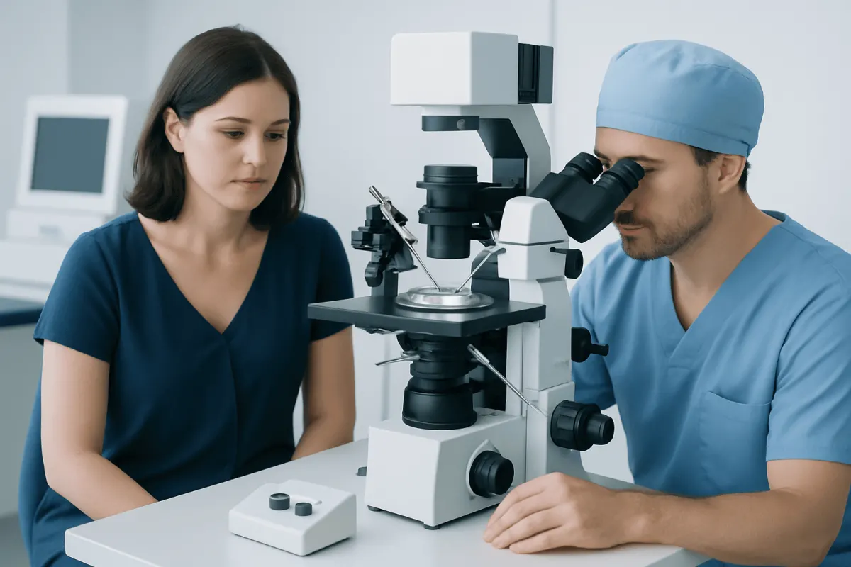 Fertility specialist examining a patient with a microscope in a medical lab.