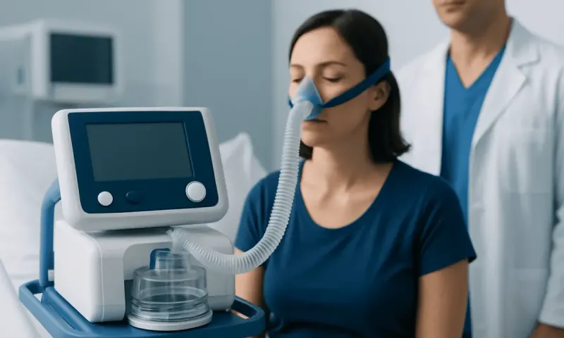 Patient using CPAP machine for sleep breathing therapy at hospital.