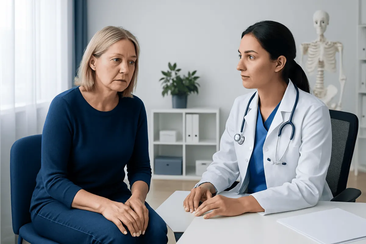 Doctor consulting with a patient about knee health in a medical office.