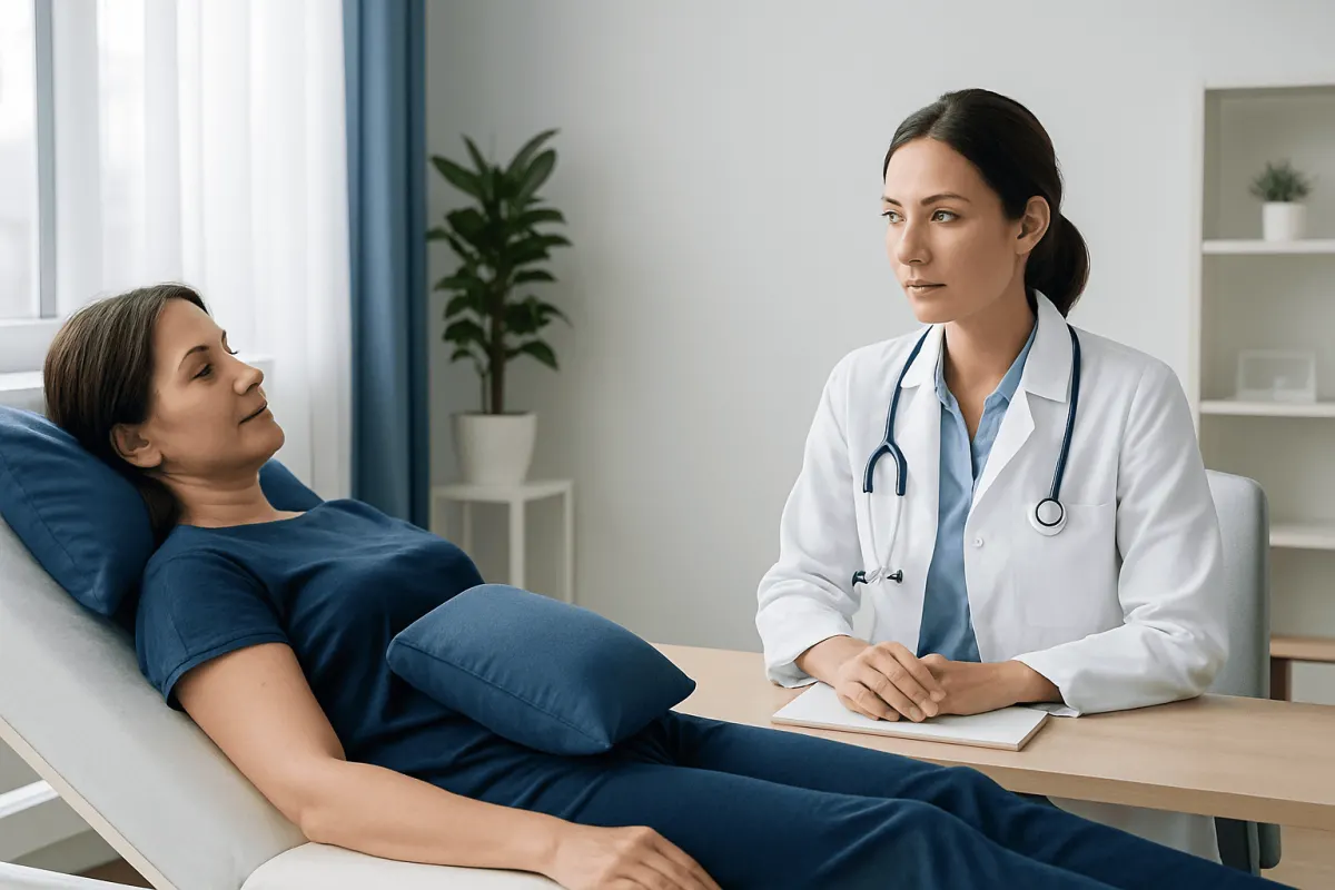 Doctor consulting with patient in hospital room.
