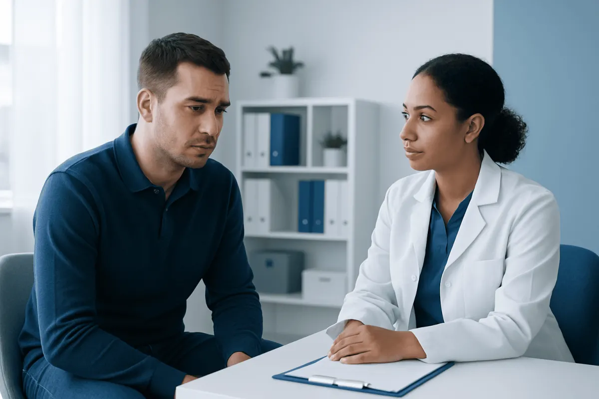 Doctor consulting with a male patient about health concerns in a medical office.