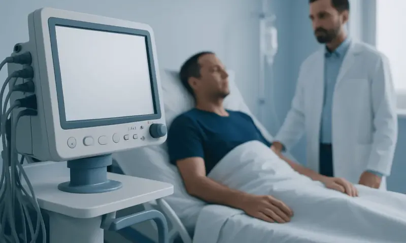 Doctor consulting patient in hospital room with medical equipment nearby.