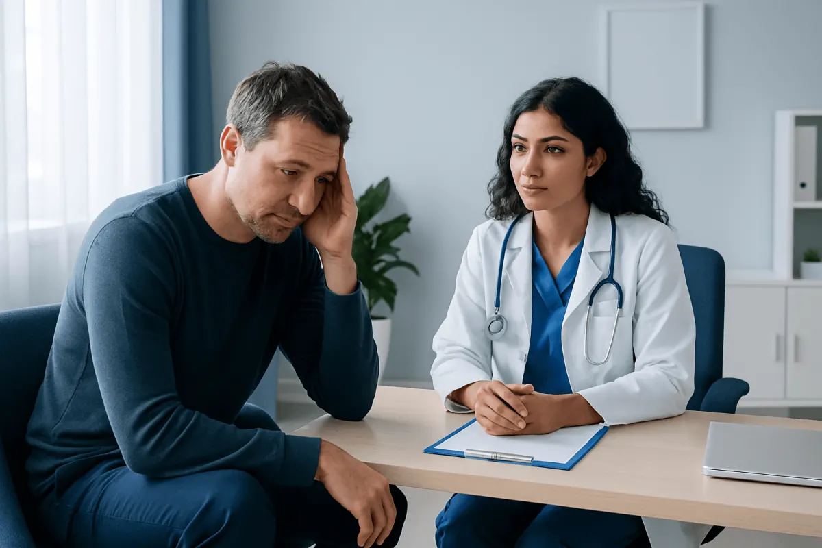 Doctor consulting with a patient about sleep issues in a clinic setting.