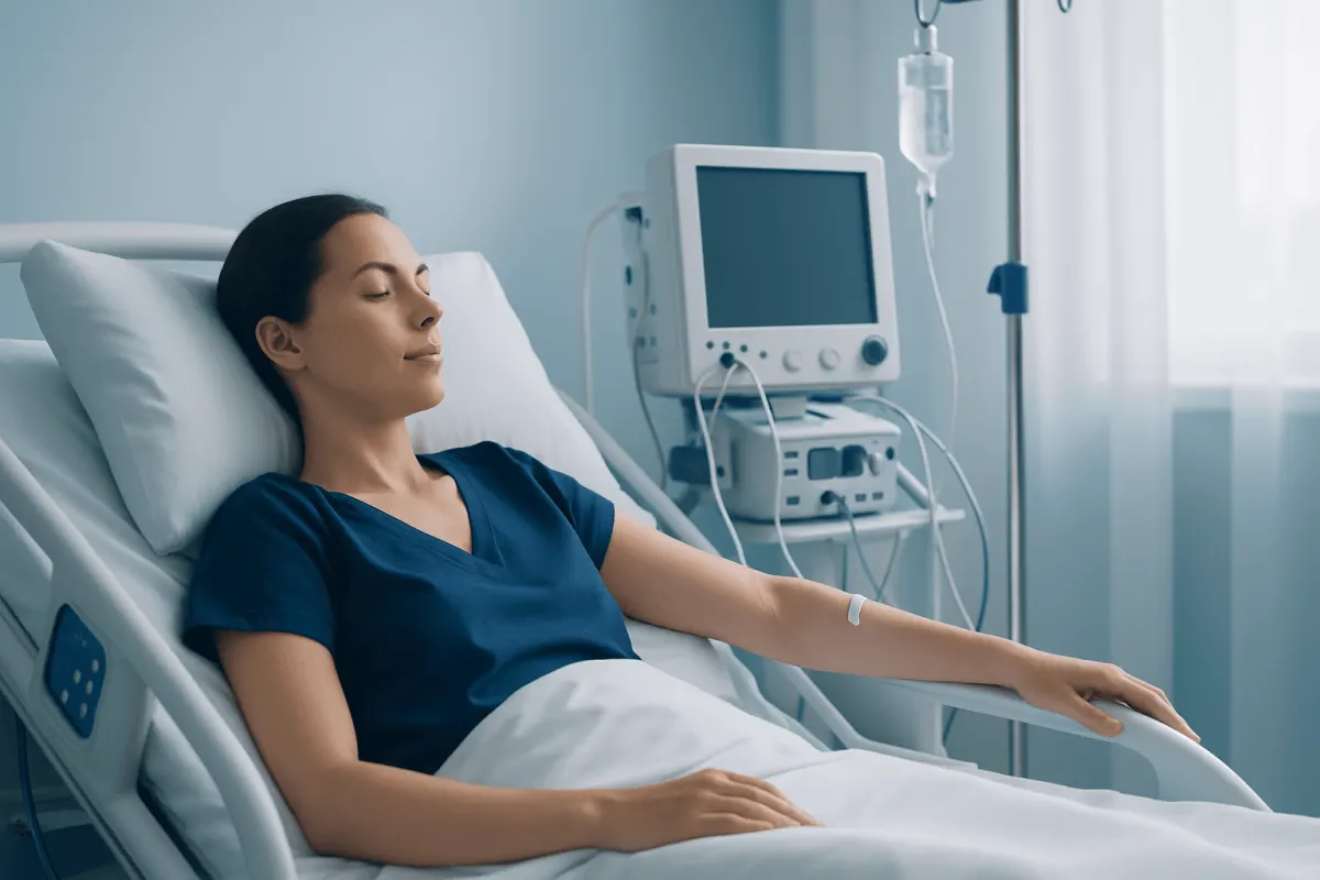 Patient resting in hospital bed after arm lift surgery at Acibadem Hospital.