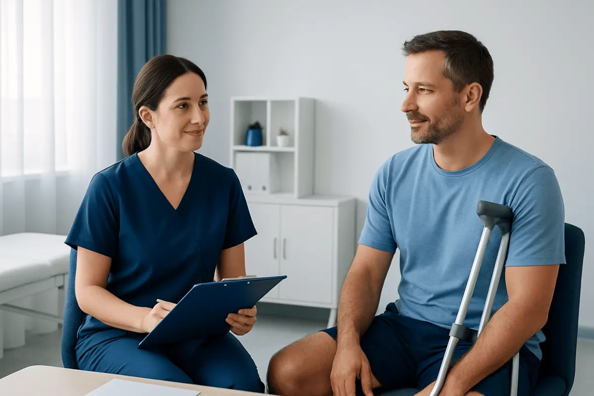 Patient consulting with healthcare professional after injury or surgery.