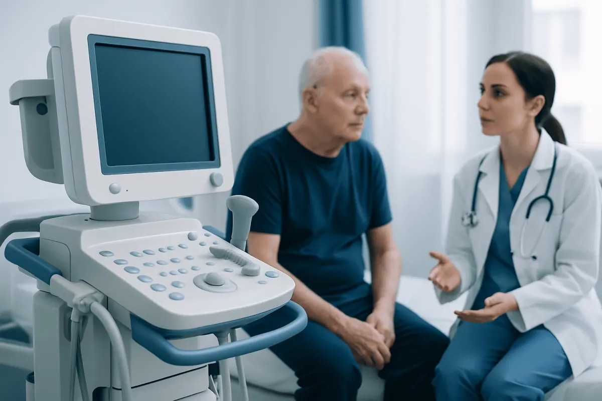 Doctor discussing health with elderly patient in hospital room.