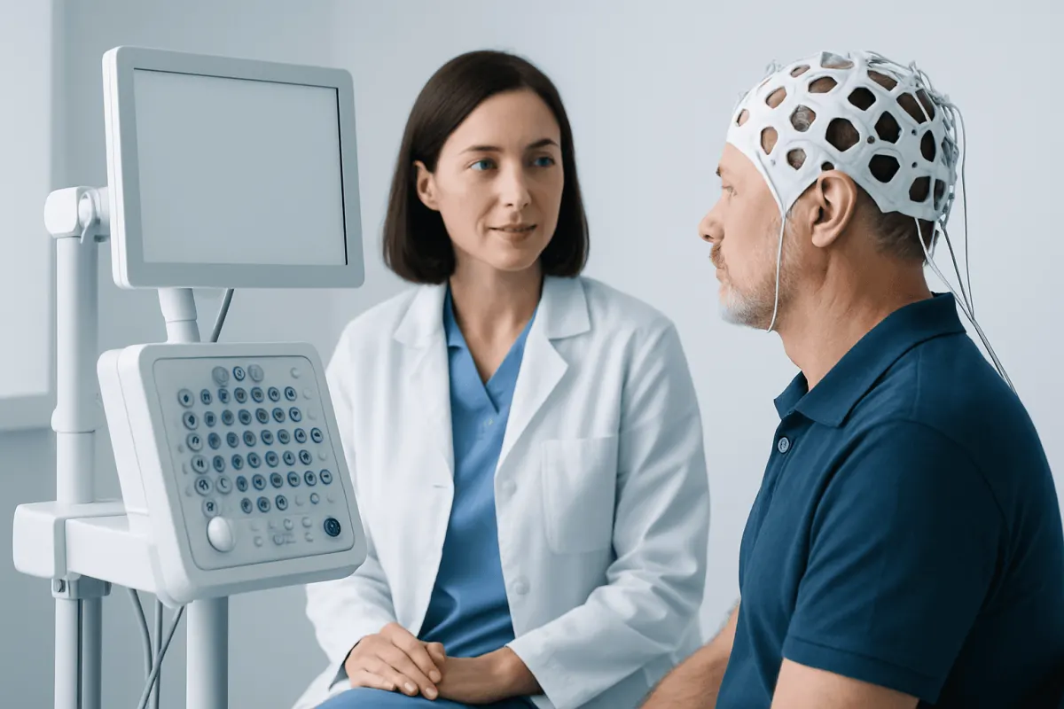 Neuropsychologist consulting with patient during brain activity test.