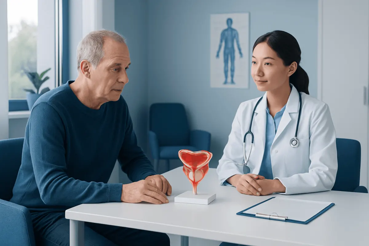 Urologist explaining prostate health to an older male patient with a prostate model.