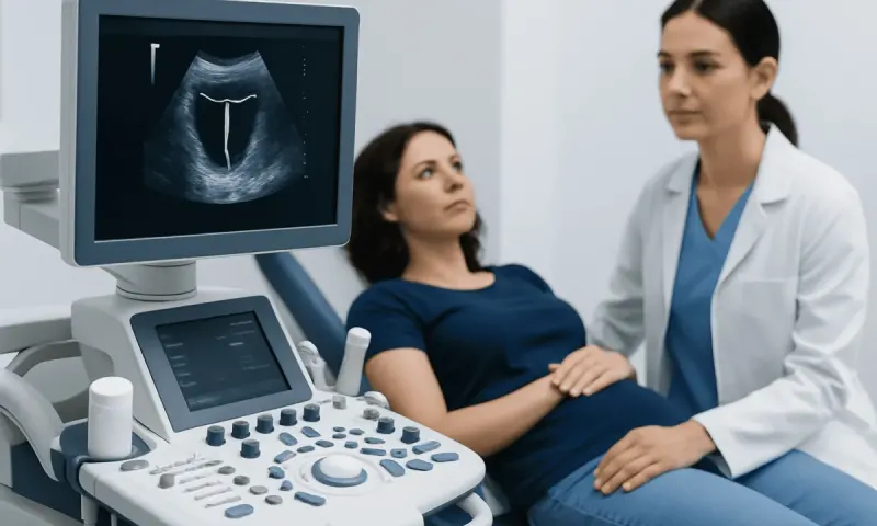 Doctor performing an ultrasound exam on a pregnant woman at Acibadem Hospital.