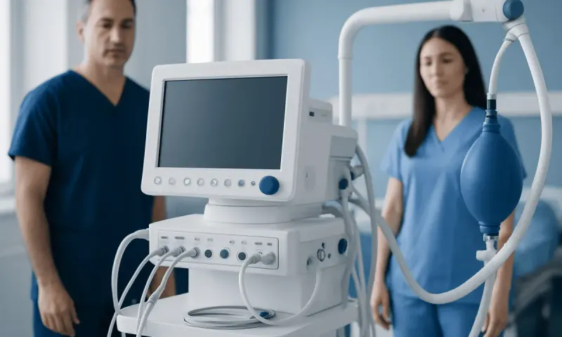 Medical professionals with ventilator in hospital setting.